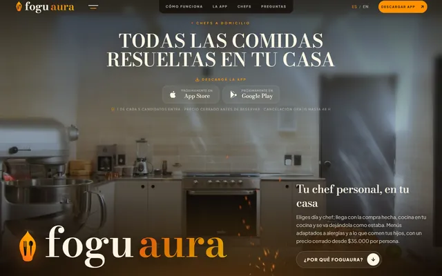 FoguAura — Mobile app · Private chefs at home
