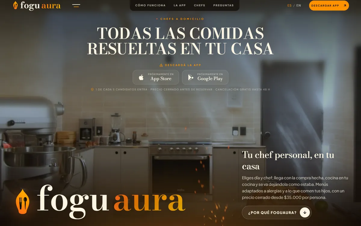 FoguAura — Mobile app · Private chefs at home